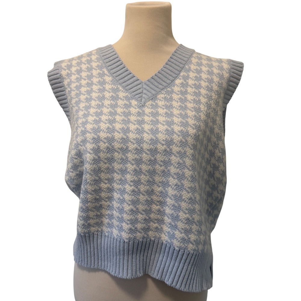 Cloud Ten Womens Houndstooth Knit Sweater Vest Light Blue V-Neck Large CSW3978A